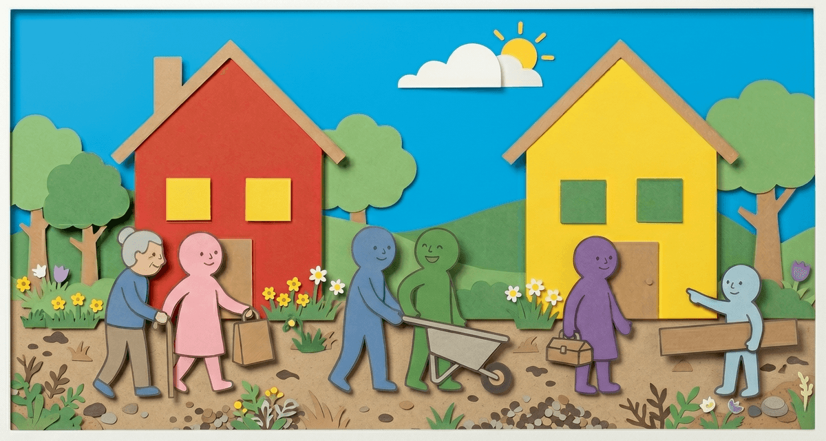A cheerful illustration of a community coming together — people of different abilities working and helping one another in a colourful neighbourhood.